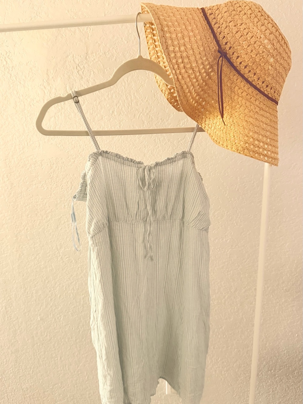 O'Neill Light Blue Seersucker Cami short dress with Ruffle Trim